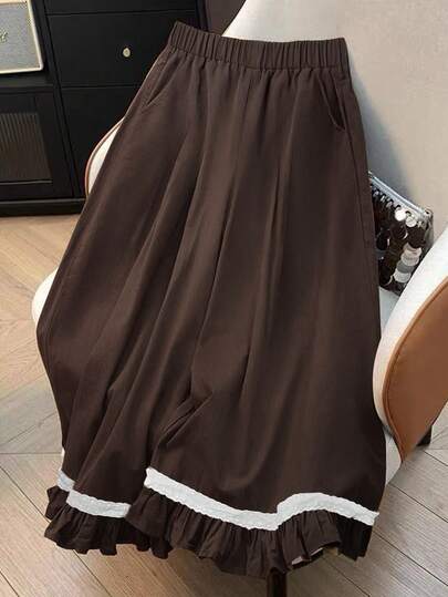 热销新款纯色休闲日常百搭弹力腰带口袋蕾丝边褶裥裤脚宽松直筒阔腿裤，适合节日、海滩、乡村等各种场合穿着。