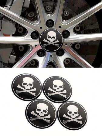 4Pcs Creative Skull Hub Center Cap Decal - Personalized Car Hub Logo Sticker, Stylish Design, Waterproof And Durable Creative Sticker, Universal Car Modification Parts