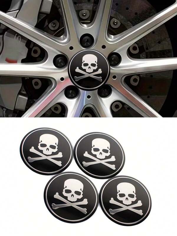 4Pcs Creative Skull Hub Center Cap Decal - Personalized Car Hub Logo Sticker, Stylish Design, Waterproof And Durable Creative Sticker, Universal Car Modification Parts