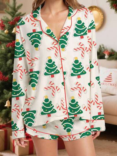 Women 2 Piece Christmas Pajama Set Printed Long Sleeve Button-Up Tops And Elastic Waist Shorts