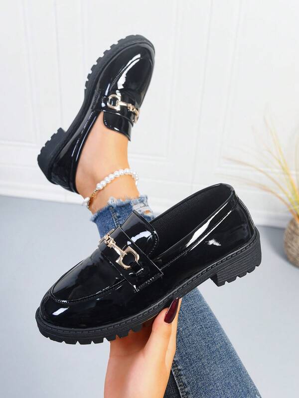 Glossy Thick-Sole Loafers - Fashionable Versatile Retro Glossy Leather Loafers - Thick Sole For Height Increase, Comfortable And Stylish Patent Leather Loafers - British Style Cool Glossy Leather Loafers - Thick Sole Design, Easily Increase Height And Slim Down