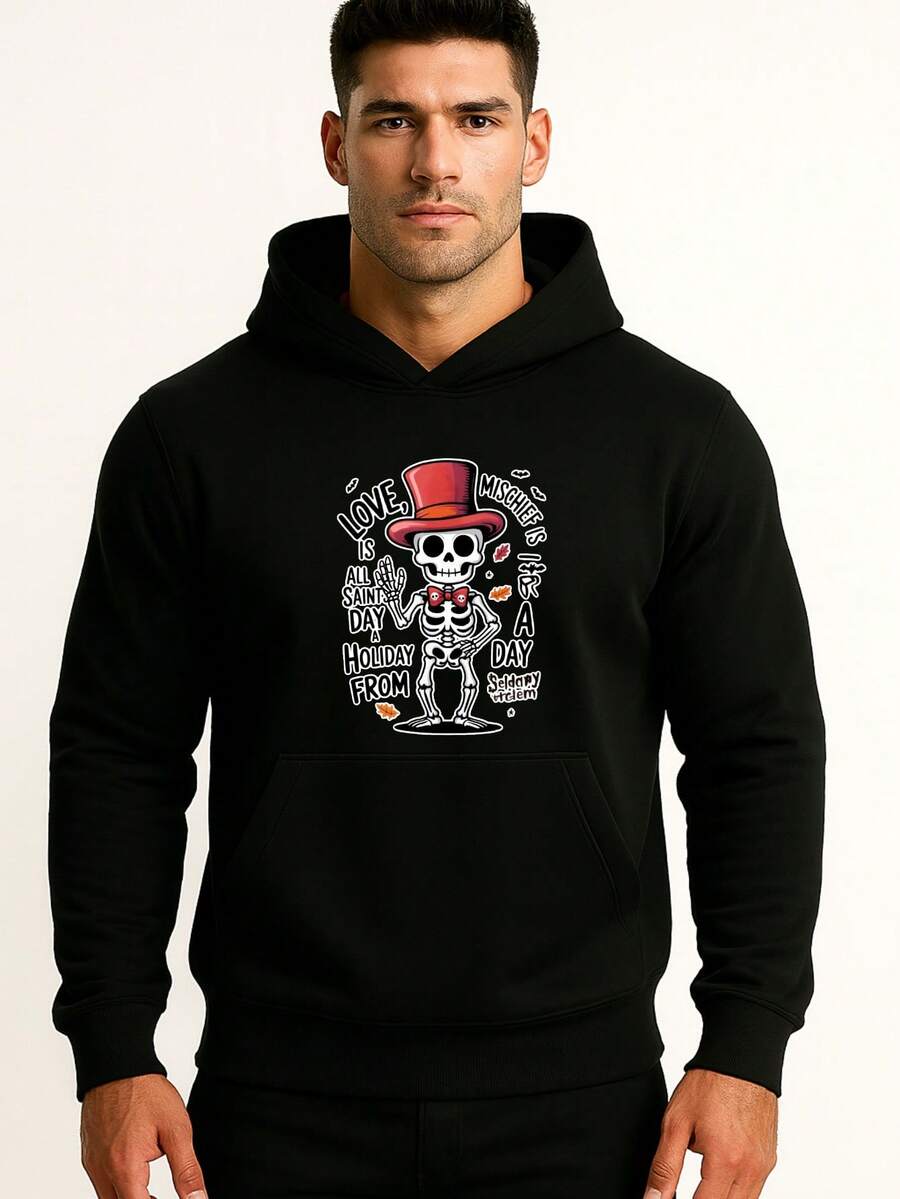 Sudadera con capucha unisex con diseño divertido de esqueleto con sombrero y letras - Negro - Ver 1