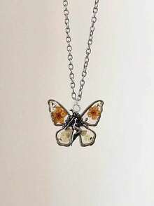 1pc Vintage Floral Fairy Butterfly Dried Flower Pendant Necklace, Suitable For Women Any Occasion