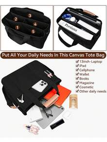 1 chiếc túi tote vải bố thời trang cỡ lớn - Màu đen! Thiết kế khóa kéo + nhiều ngăn bên hông, quai đeo vai bền chắc, siêu rộng rãi, dễ dàng đáp ứng nhu cầu mang theo laptop và sách vở của sinh viên. Quà tặng ngày Valentine, quà tặng tựu trường, hãy chuẩn bị trước! - màu đen - Xem 6