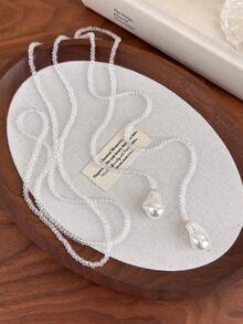 1pc French Retro Niche Design Asymmetric Pearl & Black Crystal Necklace, Multi-Wear Long Clavicle Chain, Ins Style