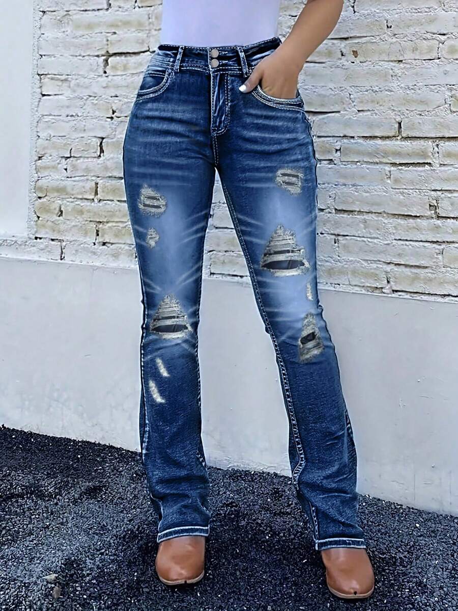 Women's Vintage Stretchy Ripped Flared Denim Jeans- Comfortable For Everyday Casual - 藏蓝色 - 查看 1