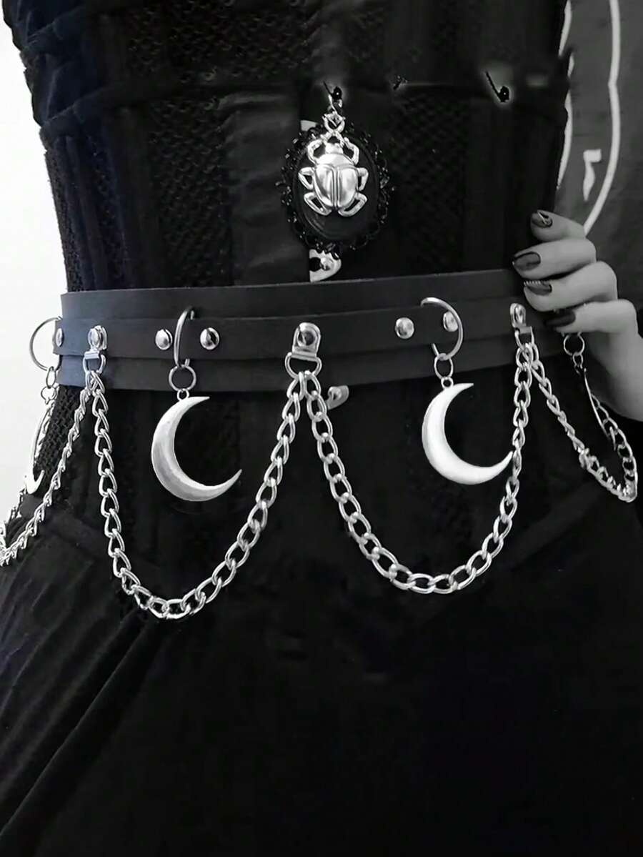 "Leather Waist Chain Harness Belt,Gothic Silver Chain Leather Belt,Adjustable Party Cosplay Plus Size Chain Belt