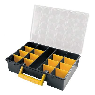 Art Plast ZA1591 Organizer plastikowy dł. 362 x gł. 250 x wys. 85 mm z wyjmowanymi przegródkami, przezroczysta pokrywa, czarno-żółty, 36,2 x 25 x 8,5