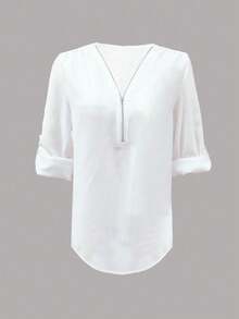 Women's Casual Long Sleeve Partial Open Front Shirt - White - View 3