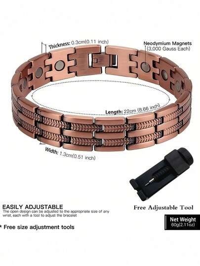Vintage Red Copper Color Magnetic Bracelet, Embedded With 3000 Gauss Strong Magnet, Great Gift For Men, Suitable For Holidays, Father's Day, Christmas, Expressing Friendship