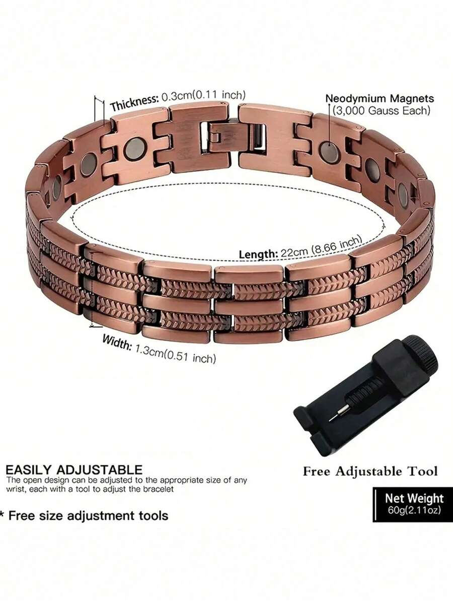 Vintage Red Copper Color Magnetic Bracelet, Embedded With 3000 Gauss Strong Magnet, Great Gift For Men, Suitable For Holidays, Father's Day, Christmas, Expressing Friendship - Burgundy - View 1