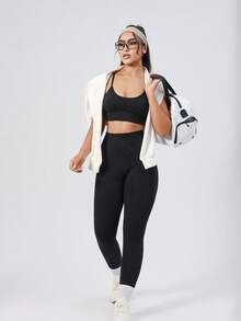 1 Set Spring/Summer/Autumn/Winter Yoga Sports Fashion Outfit, 2-In-1 With Built-In Cup Holder, Casual Layering Camisole & 3/4 Leggings, Outdoor Cycling Women Apparel, Solid Color Seamless Fitted Set - Black - View 5