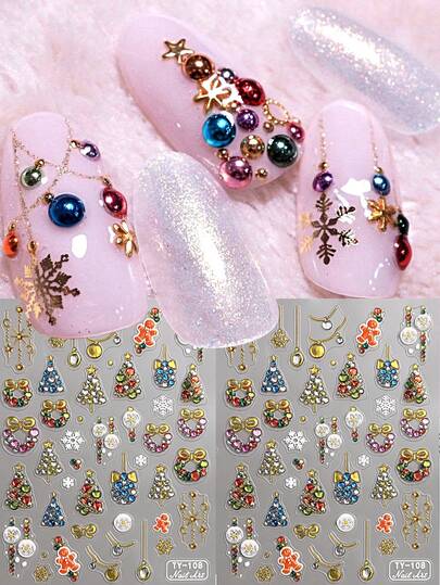 圣诞宝石5D美甲贴纸 圣诞树圣诞花环彩色宝石浮雕美甲设计 可爱卡哇伊圣诞假日美甲装饰 自粘美甲贴 DIY美甲沙龙 女性女孩美甲用品（2片/1片）