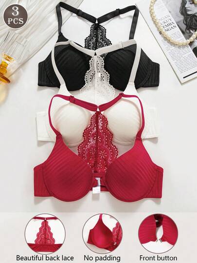 3PCS Elegant Ribbed Front-Clasp Underwire Push-Up Bra, Fashionable Lace Back Halter Bra