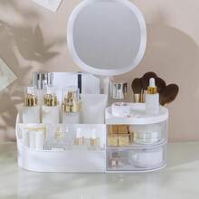 Kosmetikaufbewahrungsbox mit Schubladen, Make-up Organizer Schminktisch Aufbewahrungsregal, mit Lippenstift, Pinsel, Lidschatten und Schminktisch (Beige - Weiß)