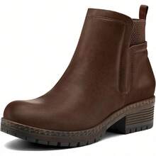 Women's Chunky Heel Chelsea Boots – Elastic Gore Slip-On Ankle Booties With Lug Sole, Comfortable Platform Shoes For Fall Winter, Office & Casual Wear - 棕色浦 - 查看 4