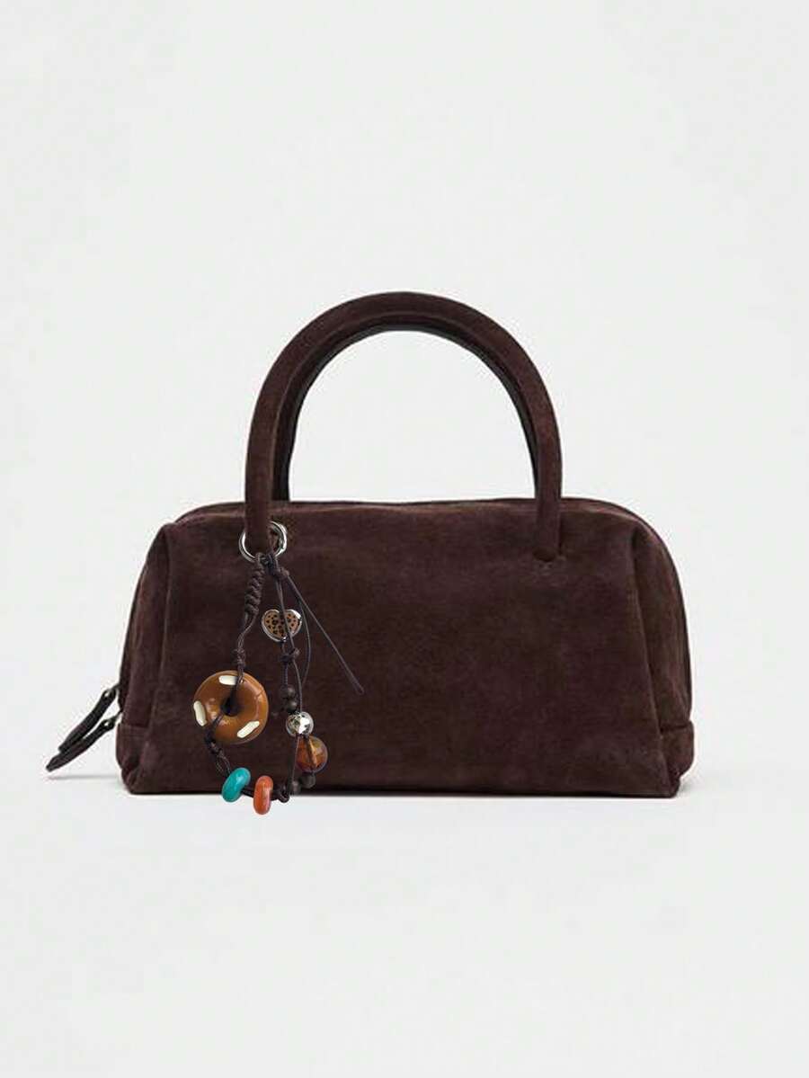 Women's Suede Shoulder Bag, Handbag & Crossbody Bag With Zipper, Bowling Bag Style, Boston Bag, Korean Fashion - Cà phê - Xem 1