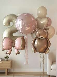 23pcs/Set 40-Inch (Approx. 101cm Height) Cream Color 0-9 Number Balloons, Giant Brown Bear Foil Balloon, Matte Pink Bow Balloons, 18-Inch Macaron Pink Latex Balloons, 24-Inch Clear No-Tie Bubble Balloons, 10-Inch Macaron Pink & Vintage Beige Latex Balloons, Pink Bows, Suitable For Birthday Party Decorations, Baby Shower - Multicolor - View 4