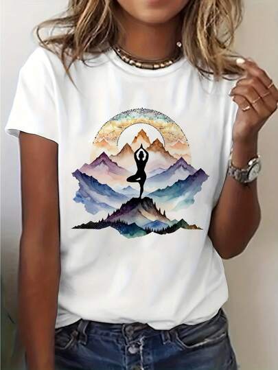 [Vibrant Yoga T-Shirt] Vibrant Women's Yoga Graphic T-Shirt - Short Sleeve Crew Neck Casual Top | Namaste Design, Perfect For Spring &Amp; Summer, Yoga Clothing