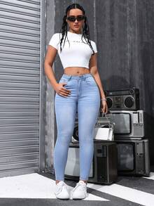 Jeans skinny mezclilla pantalones vaqueros dama mujer cintura alta cinco bolsillos ajuste ceñido costuras contraste elástica diario casual cómodos denim - Azul - Ver 3