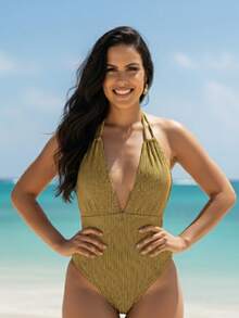 Bodysuit Swimsuit With Elegant Neckline Casual Backless Knot Tie Holiday Beach - 金色(配黑色) - 查看 6