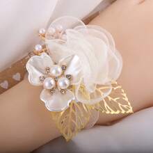 2 piezas Conjunto de Corsage de Muñeca + Broche, Mujer Elegante Organza Rosa Dorado Hoja Falsa Rosa Corsage de Muñeca y Broche, Novia Novio Dama de Honor Padrino Decoración de Boda, Fiesta Baile Accesorios