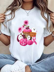 T-Shirt Halloween In October We Wear Pink Shirt Pattern Shirt Plus Size Cotton Soft And Fashionable Casual Short Sleeved Round Neck Top, 220g - White - View 1