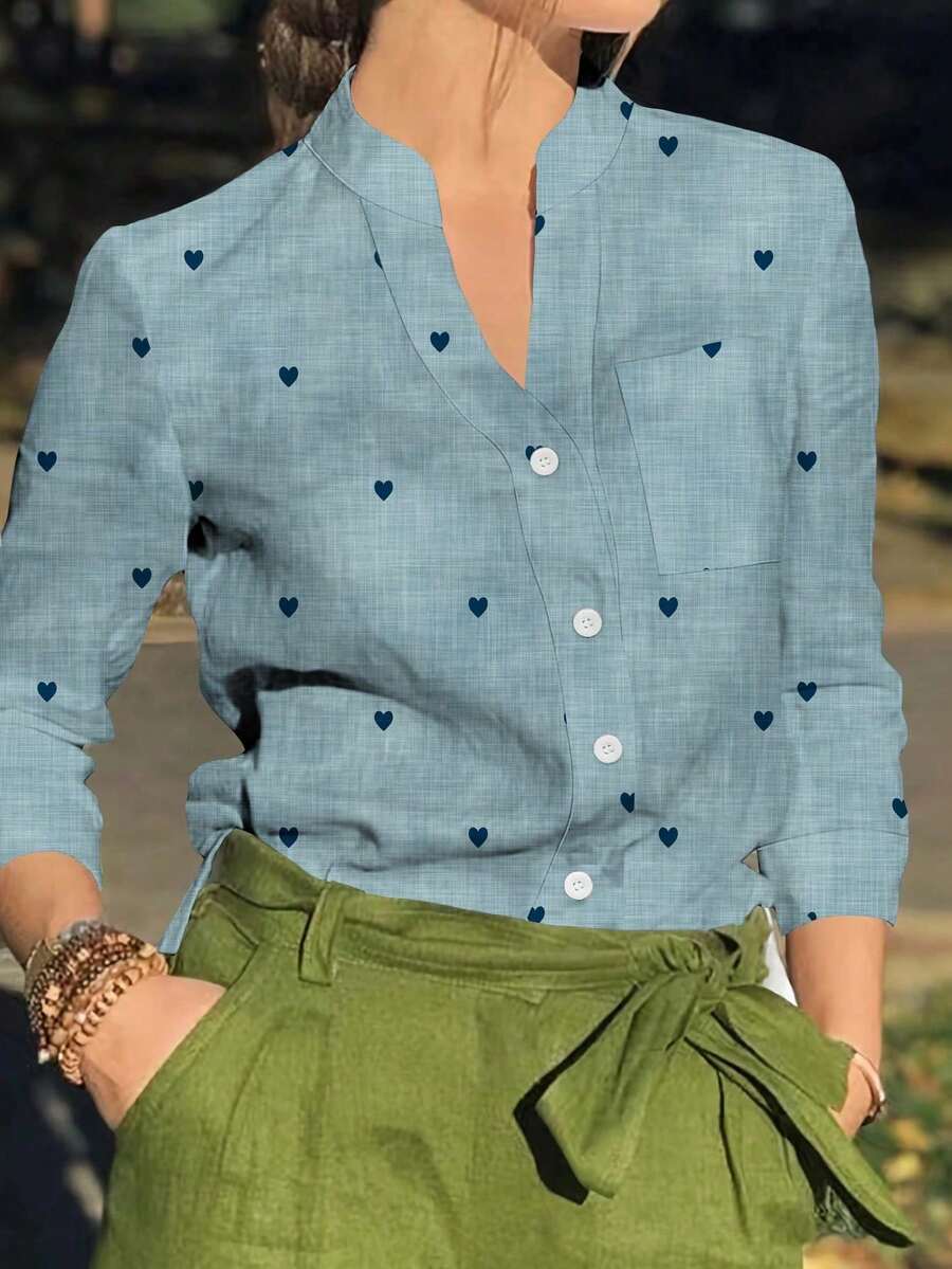 Plus Size Women's Romantic Heart Print Long Sleeve Button-Up Shirt With Pockets, Suitable For Autumn, Winter And Spring - Navy Blue - View 1