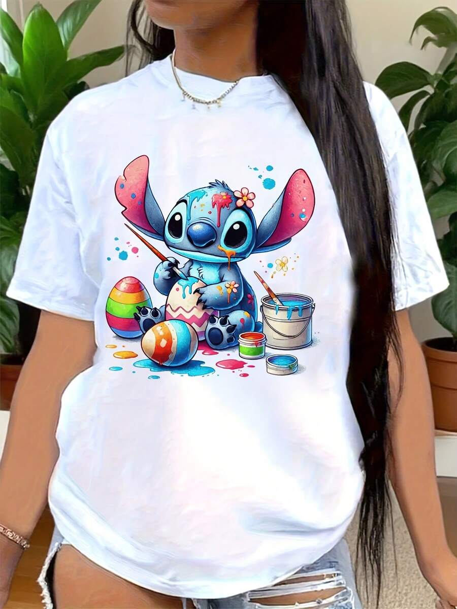 Stitch T-Shirt, Stitch Floral Pattern Shirt,  Stitch And Butterflies Print Shirt,  Cartoon Stitch Top,  Stitch Ohana Pattern T-Shirt, Suitable For Birthday Gifts, Ideal For Holiday Party, Sports And Travel, 220g - trắng - Xem 1
