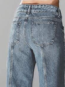 Plus Size Women's Elastic Denim Fabric Design Split Jeans, Casual Versatile 2-Button Slimming Pockets Washed Loose Wide Leg Flare Jeans, 2025 New Bestselling Versatile All-Season Denim Pants Spring - Light Wash - View 5