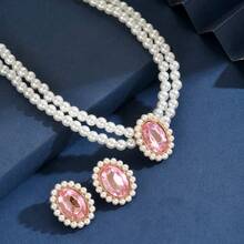 1 Bộ trang sức kiểu Châu Âu hai lớp bằng ngọc trai giả, gồm bông tai đính đá Emerald và dây chuyền ôm sát cổ, trang sức cưới cổ điển thanh lịch, phụ kiện ngày Valentine. - Hồng - Xem 3