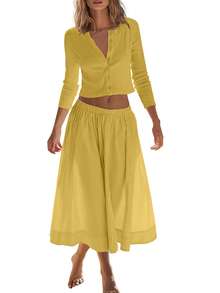 Women's Essential Casual Lightweight Three-Quarter Sleeve Knit Cardigan Elastic Waist Skirt Matching Two-Piece Set - Màu vàng - Xem 4
