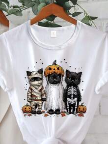 Camiseta de Halloween para mujer - Lindo disfraz de momia, calabaza y gato negro para fiesta - Top ligero de verano para fiestas de disfraces de Halloween, ropa casual - Perfecto para celebraciones de Halloween y eventos temáticos, ropa de Halloween, atuendo festivo, diseño divertido, ajuste cómodo, compradores navideños, moda de temporada, gráficos divertidos, material transpirable, camiseta de momia, camiseta para mujer, top para mujer - Blanco - Ver 2