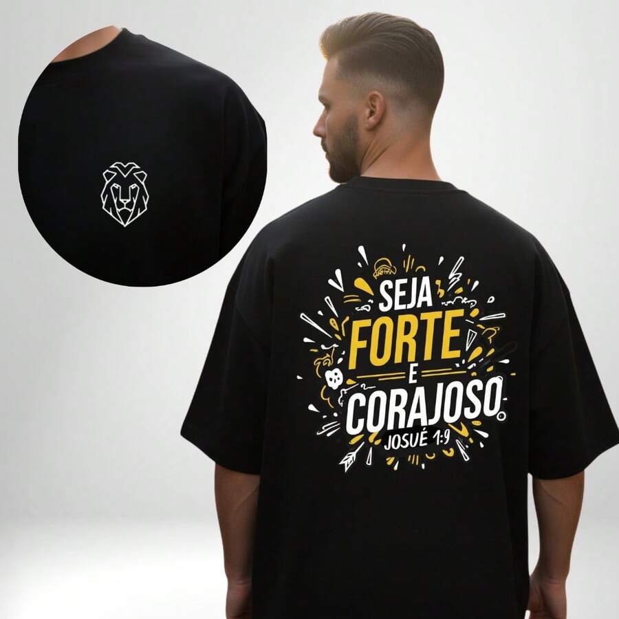 Camiseta Oversized Seja Forte e Corajoso Streetwear Cristão Versículo Bíblico Igreja - Preto - Visão 1