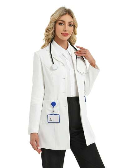 cimmuovere Bata de mujer de manga larga con cuello vuelto, abierta por delante, con múltiples bolsillos, forrada, con hombros acolchados, ajuste ceñido, uniforme de enfermera, ropa de trabajo, uniforme de dentista, atención médica, uniforme de veterinaria, bata de laboratorio