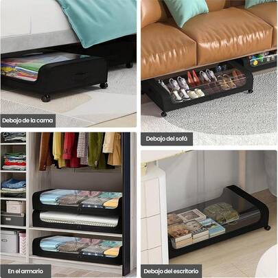 Juego de 2 Cajas de Almacenamiento Bajo Cama con Ruedas y Tapa Transparente, 43.5x80x16 cm, para Ropa, Mantas o Zapatos, Color Negro