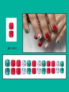 Un conjunto de 24 pegatinas cuadradas cortas de uñas rojas y verdes, con motivos como bastón de caramelo, reno brillante, árbol de Navidad, etc. Estas pegatinas de uñas vienen en varios colores, incluyendo uñas rojas, pegatinas de uñas, uñas navideñas, y son adecuadas para que las mujeres las usen en reuniones, citas, bailes de graduación, etc. También son una excelente opción como regalos de Año Nuevo: ¡pueden realzar enormemente tu encanto!