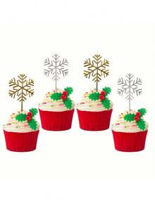 6pcs Christmas Snowflake Cake Inserts, Snowflake Cake Decorations, Cake Toppers, Paper Cup Dessert Decorations, Suitable For Christmas Party Table Decorations