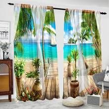 2pcs Maldives Islands Tropical Beach Printed Curtain Panels, Rod Pocket Design, Suitable For Living Room, Bedroom, Office, Home Decor, Classic Style, Machine Washable, Semi-Sheer Polyester, All Season Landscape Theme