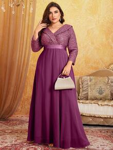 Váy dạ hội búp bê cổ chữ V tay 3/4 đính sequin viền loe - Màu đỏ tím - Xem 3