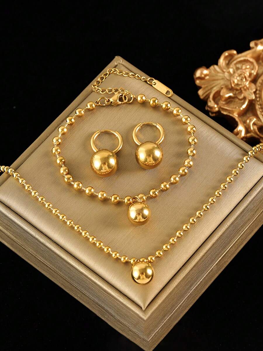 1 Set de Joyería de Collar con Colgante de Cuentas Redondas de Acero Inoxidable + Pulsera + Aretes, Adecuado para Regalo y Uso - Amarillo Oro - Ver 1