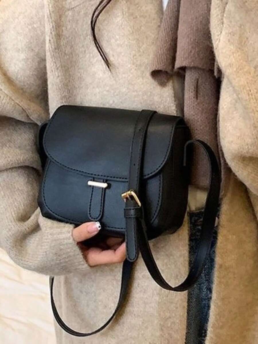 简约 PU 斜挎包，迷你时尚挎包，配有可调节肩带和翻盖设计，多功能单肩/斜挎包 - 黑色 - 查看 1