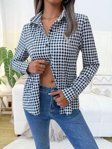Áo sơ mi kẻ gingham dành cho nữ, áo cánh tay dài một hàng khuy cổ điển để đi làm và mặc hàng ngày, áo sơ mi kẻ sọc thường ngày, áo nữ in họa tiết thời trang xuân hè thu đông 2025, hàng mới về - Đen và trắng - Xem 8