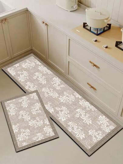 1pc Silica Gel Kitchen Mat With White Floral Pattern, Floral Pattern On Light Gray Background, Luxurious And Fashionable Kitchen Mat, Cushioned Anti-Fatigue, Surface Fabric Material, Middle Sponge Absorbent Material, Bottom Rubber Material Easy To Clean Kitchen Mat And Carpet, Approximately 3.5mm Thick