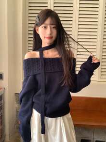 女士灰色露肩毛衣，修身剪裁，精致针织上衣，质感优质，秋冬 - 藏青色 - 查看 5