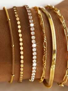 25/20/15/5pcs Fashion Elegant Vintage Minimalist Design Faux Pearl Crystal Geometric Pleated Knot Glossy Bracelet Set, Suitable For Women's Holiday Party, Daily Wear, Gift (Random Delivery) - Gold - View 2