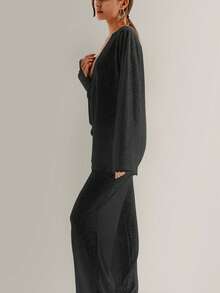 A Set Of Plain-Colored Semi-Transparent Fabric V-Neck Lace Long-Sleeved, Waist-Tied Straight-Leg Pants For Home Pajamas - màu đen - Xem 2