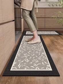 1pc Silica Gel Kitchen Mat With Plant & Floral Pattern, White Leaves & Flowers Decor On Light Gray Background, Elegant & Chic, Cushioned Anti-Fatigue Kitchen Carpet