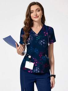 cimmuovere Women's Nursing V-Neck Short Sleeve Digital Star Print Scrubs Tops, Nursing Workwear For Dentist, Healthcare, Pet Hospital, Laboratory - Navy Blue - View 3
