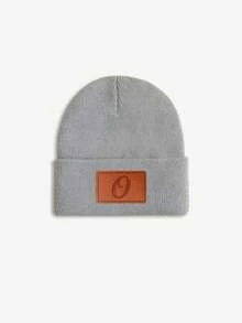 1pc Baby Leather Patch Vintage Letter Decor Grey Beanie, Choose From 26 Letters, Soft & Comfortable Unisex Infant Autumn/Winter Warm Hat, Suitable For Holidays, Birthdays, Daily Wear - Grey - View 13
